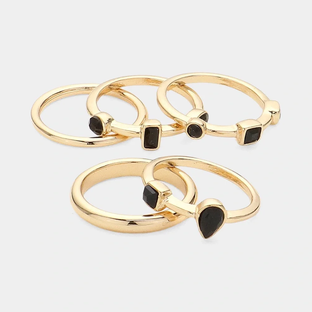 5PCS Gold & Black Rhinestone Stackable Rings - Picture 2 of 2